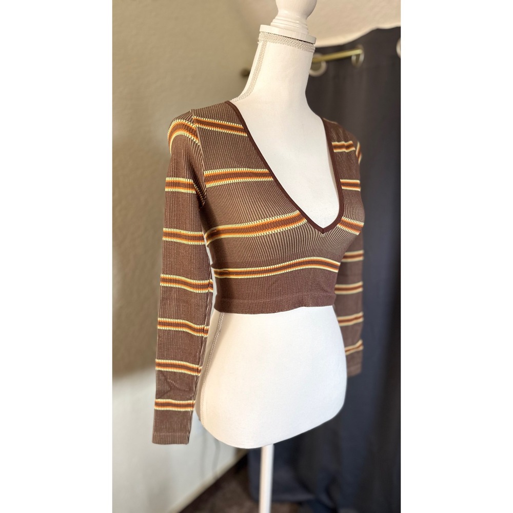 Out From Under Urban Outfitters Striped Ribbed V-Neck Crop Top Brown M/L